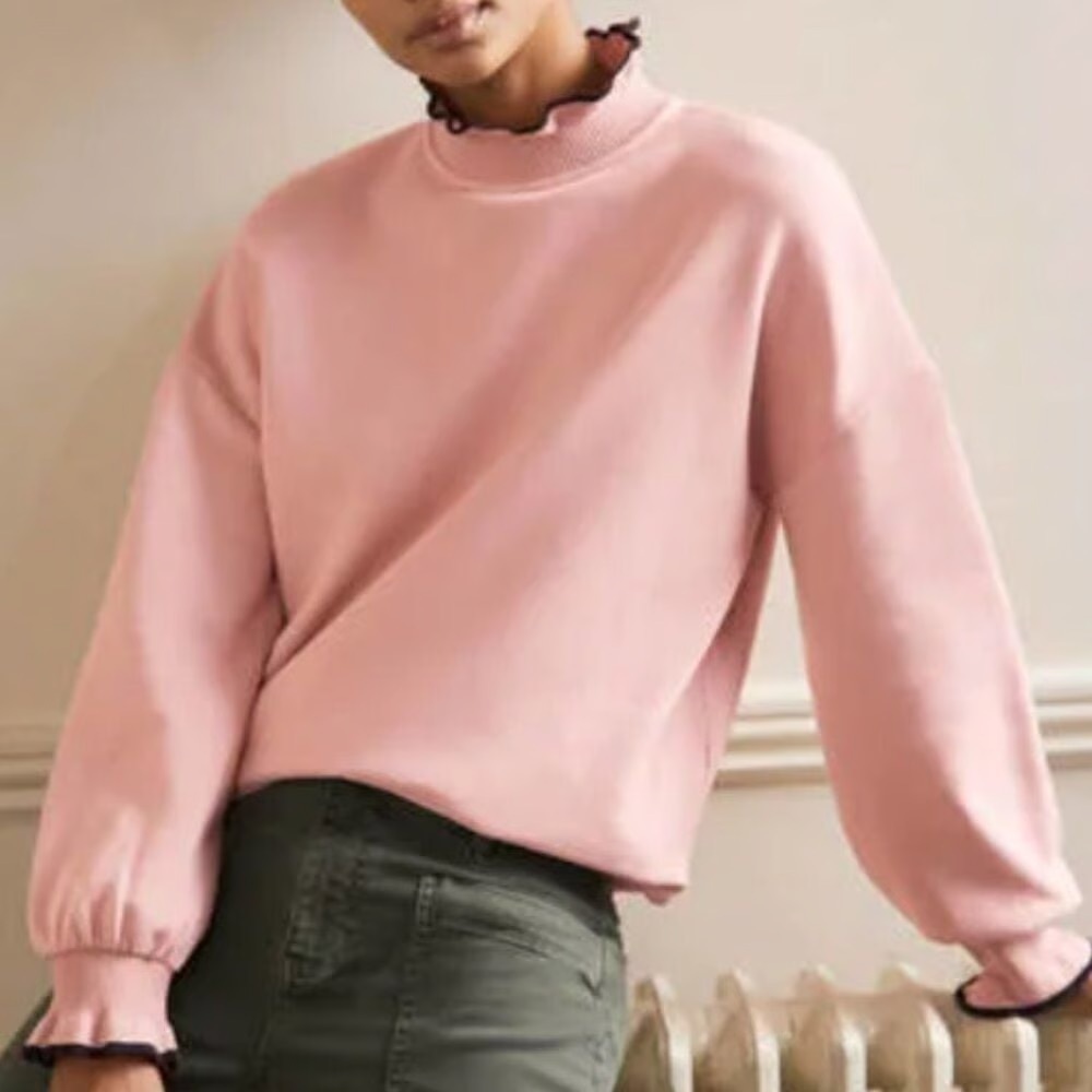 Boden high ruffle collar pink navy trim sweater size 16/18 plus size